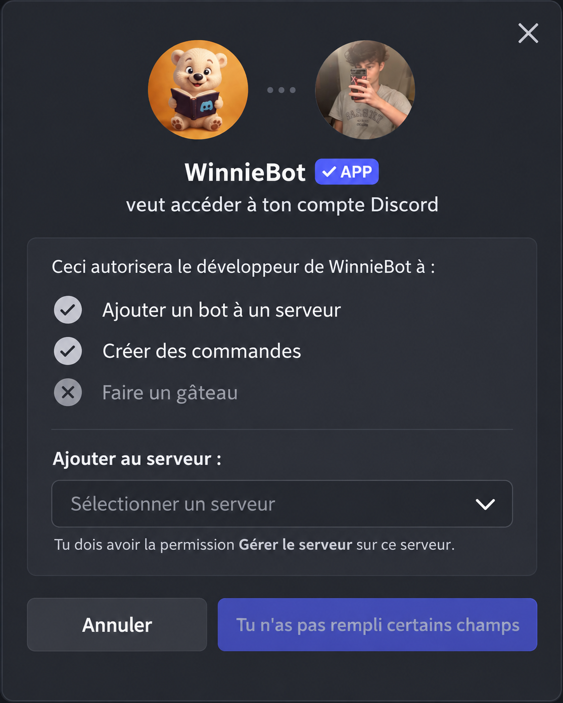 Fenêtre Discord permettant d’ajouter WinnieBot à un serveur